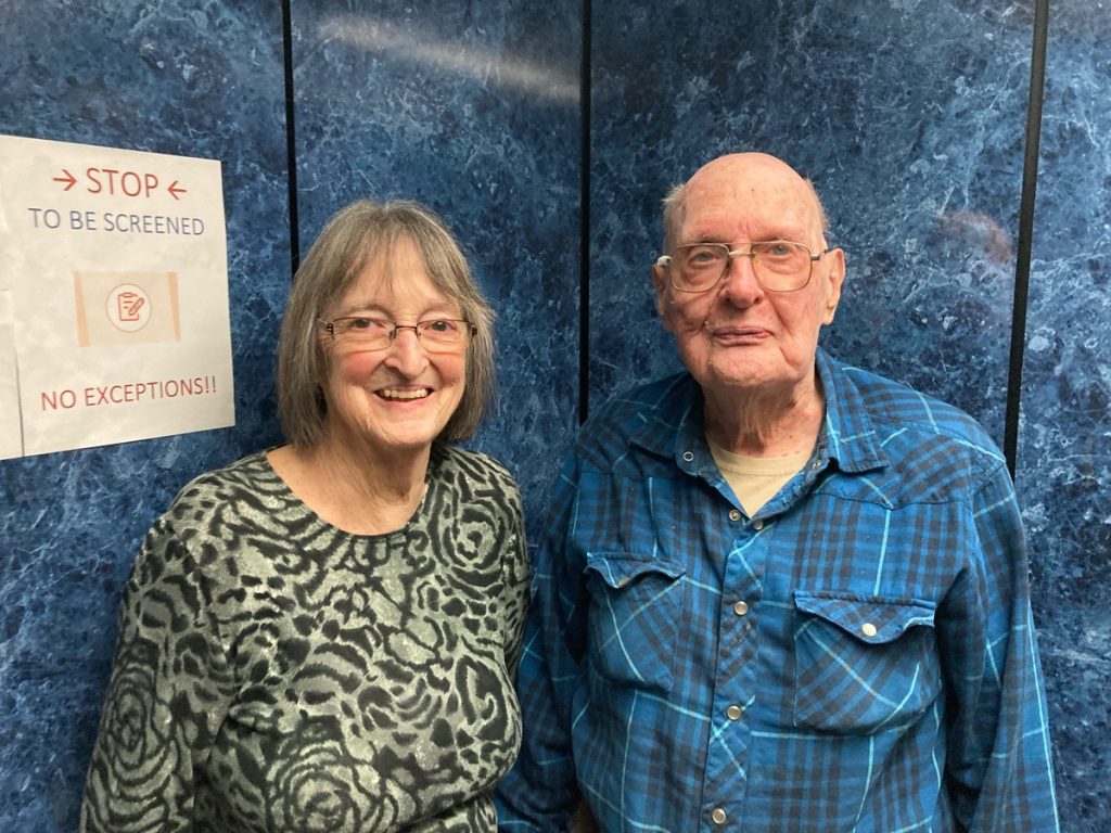 Meta and Ray Norman in the elevator at Callingwood Downs - 19 December 2021